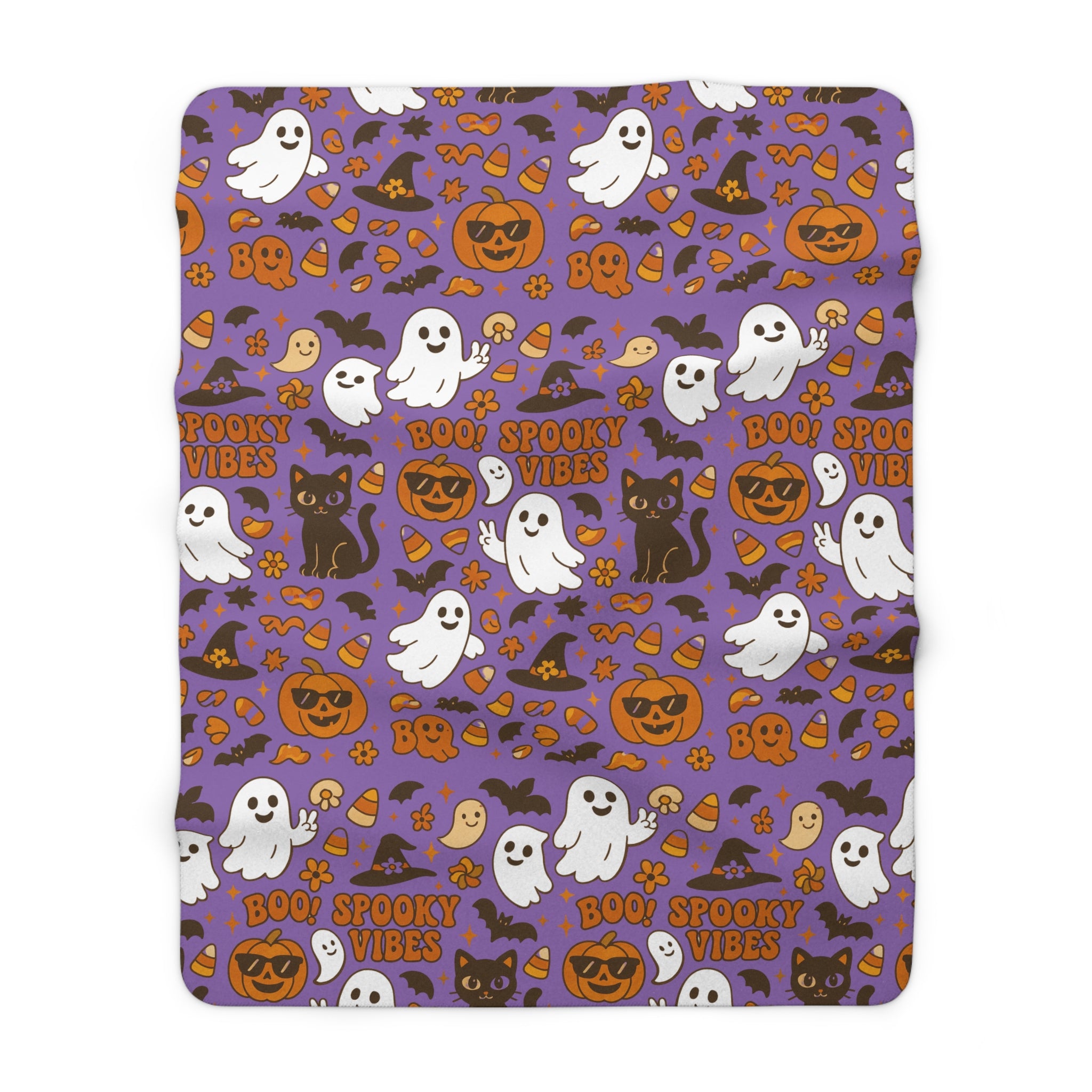 Spooky Vibes Sherpa Fleece Blanket - Cozy Halloween Decor, Soft Throw Blanket, Halloween Gift, Autumn Home Accents, Ghosts & Pumpkins Design - Irie Blues Boutique