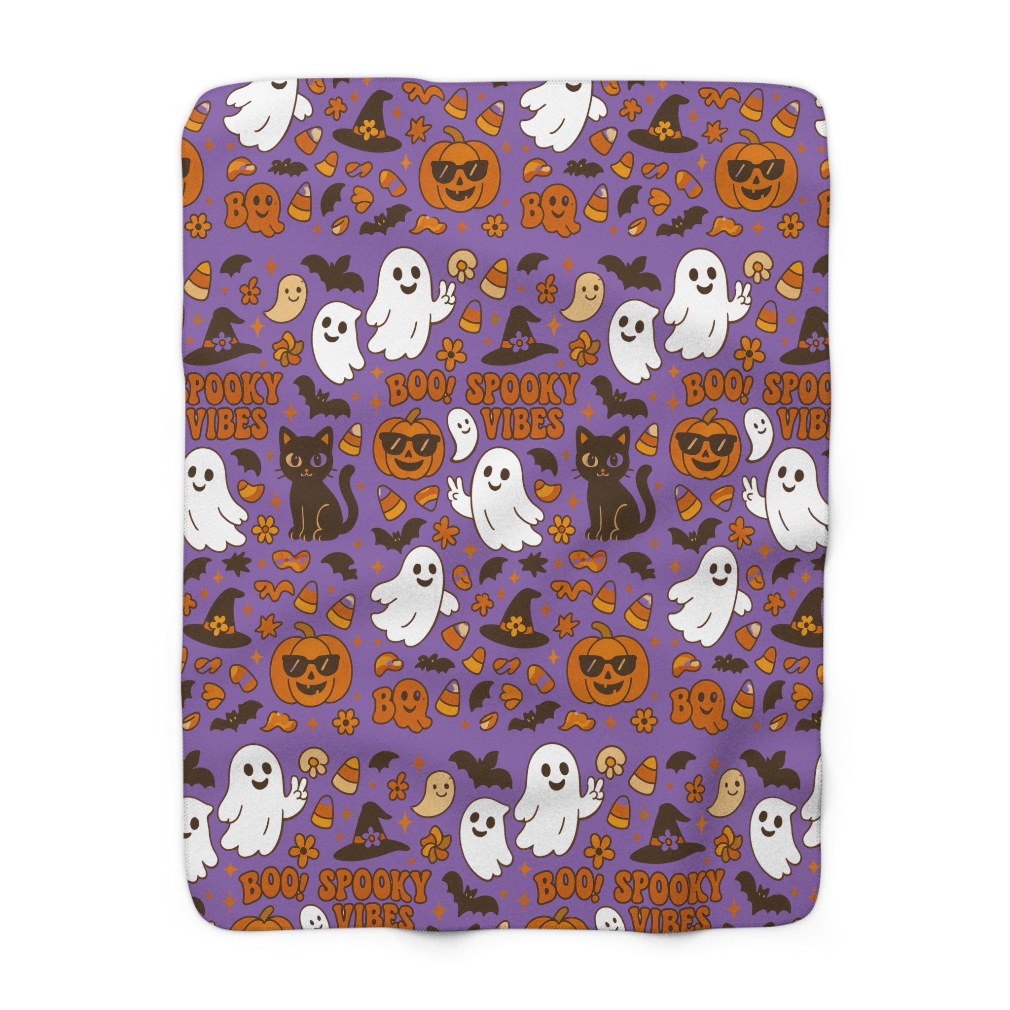 Spooky Vibes Sherpa Fleece Blanket - Cozy Halloween Decor, Soft Throw Blanket, Halloween Gift, Autumn Home Accents, Ghosts & Pumpkins Design - Irie Blues Boutique