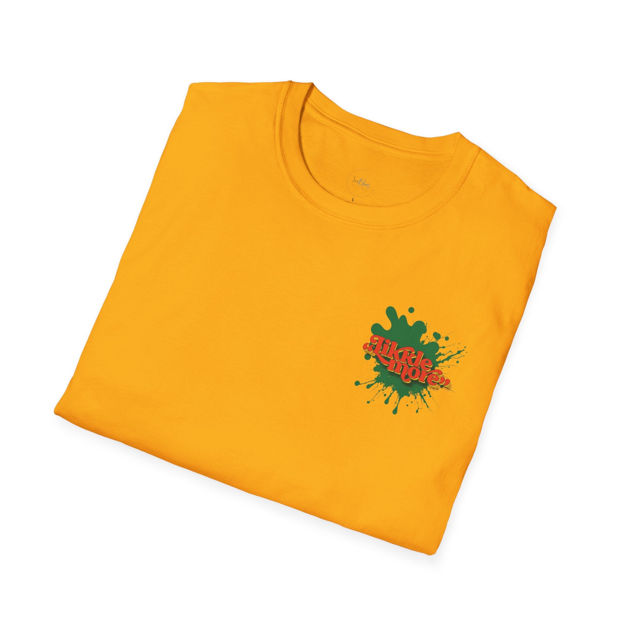 Mustard gold version of the same shirt, set against the same tropical beach. The graphic design stands out with strong contrast and vibrant cultural tones.