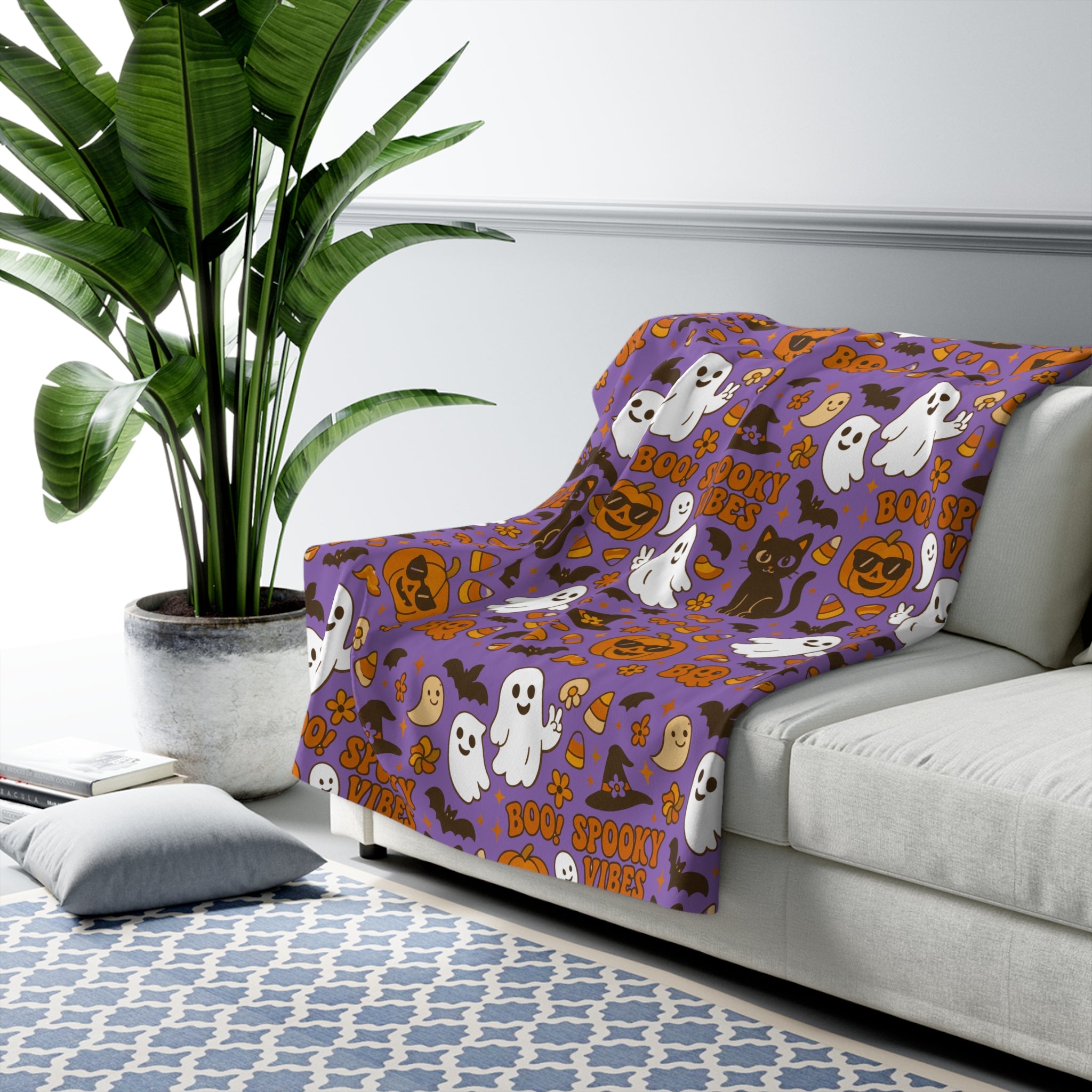 Spooky Vibes Sherpa Fleece Blanket - Cozy Halloween Decor, Soft Throw Blanket, Halloween Gift, Autumn Home Accents, Ghosts & Pumpkins Design - Irie Blues Boutique