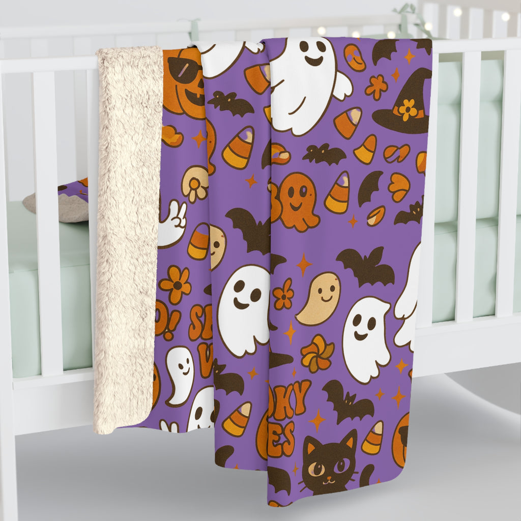 Spooky Vibes Sherpa Fleece Blanket - Cozy Halloween Decor, Soft Throw Blanket, Halloween Gift, Autumn Home Accents, Ghosts & Pumpkins Design - Irie Blues Boutique