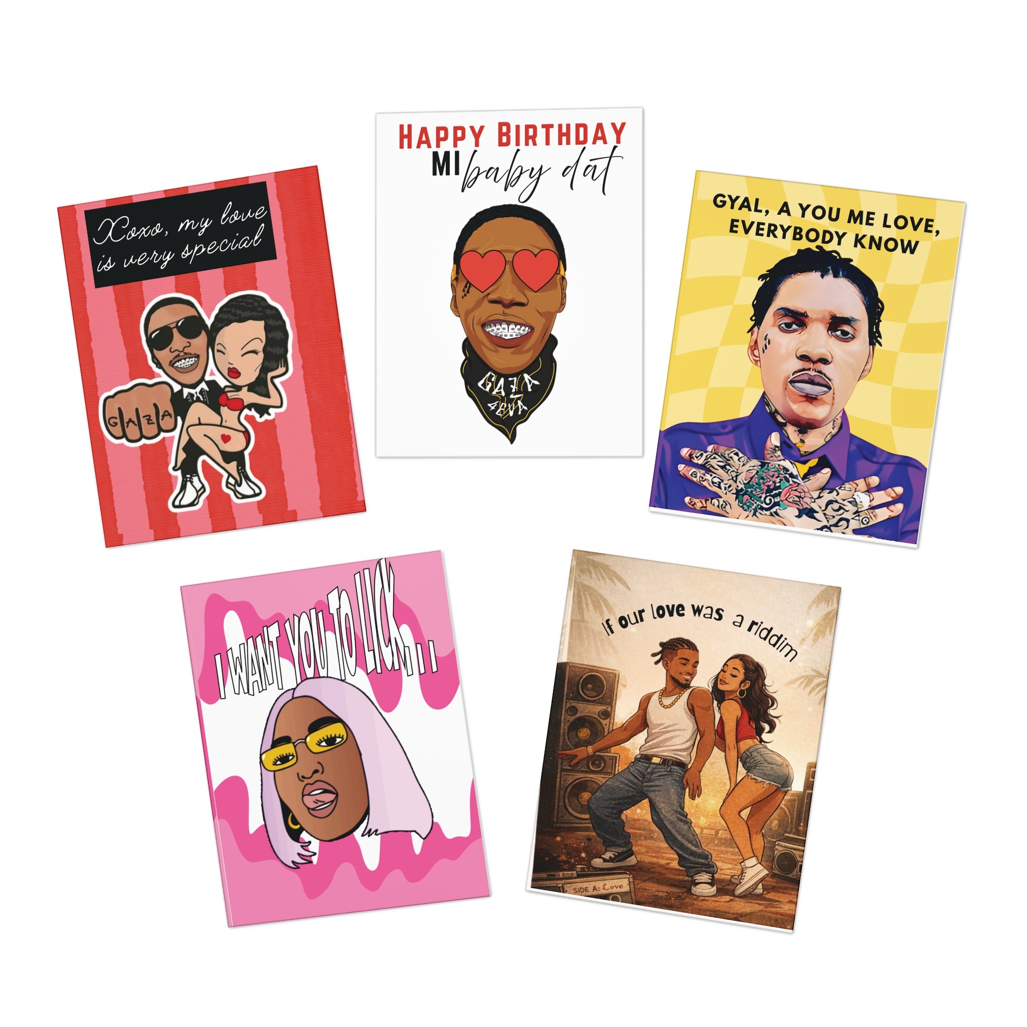Dancehall Cartoon Valentine's Day Birthday Multi-Design Greeting Cards (5-Pack) - Irie Blues Boutique