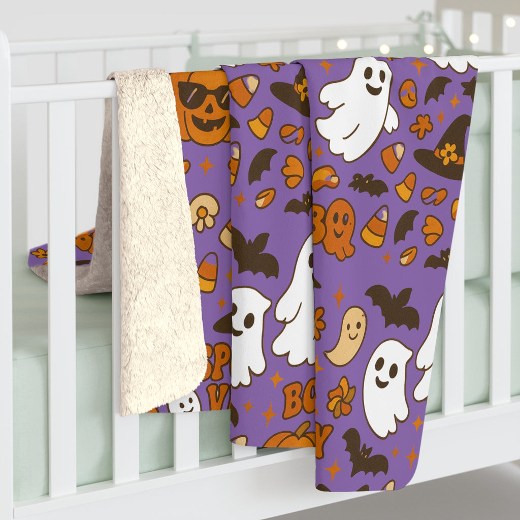 Spooky Vibes Sherpa Fleece Blanket - Cozy Halloween Decor, Soft Throw Blanket, Halloween Gift, Autumn Home Accents, Ghosts & Pumpkins Design - Irie Blues Boutique