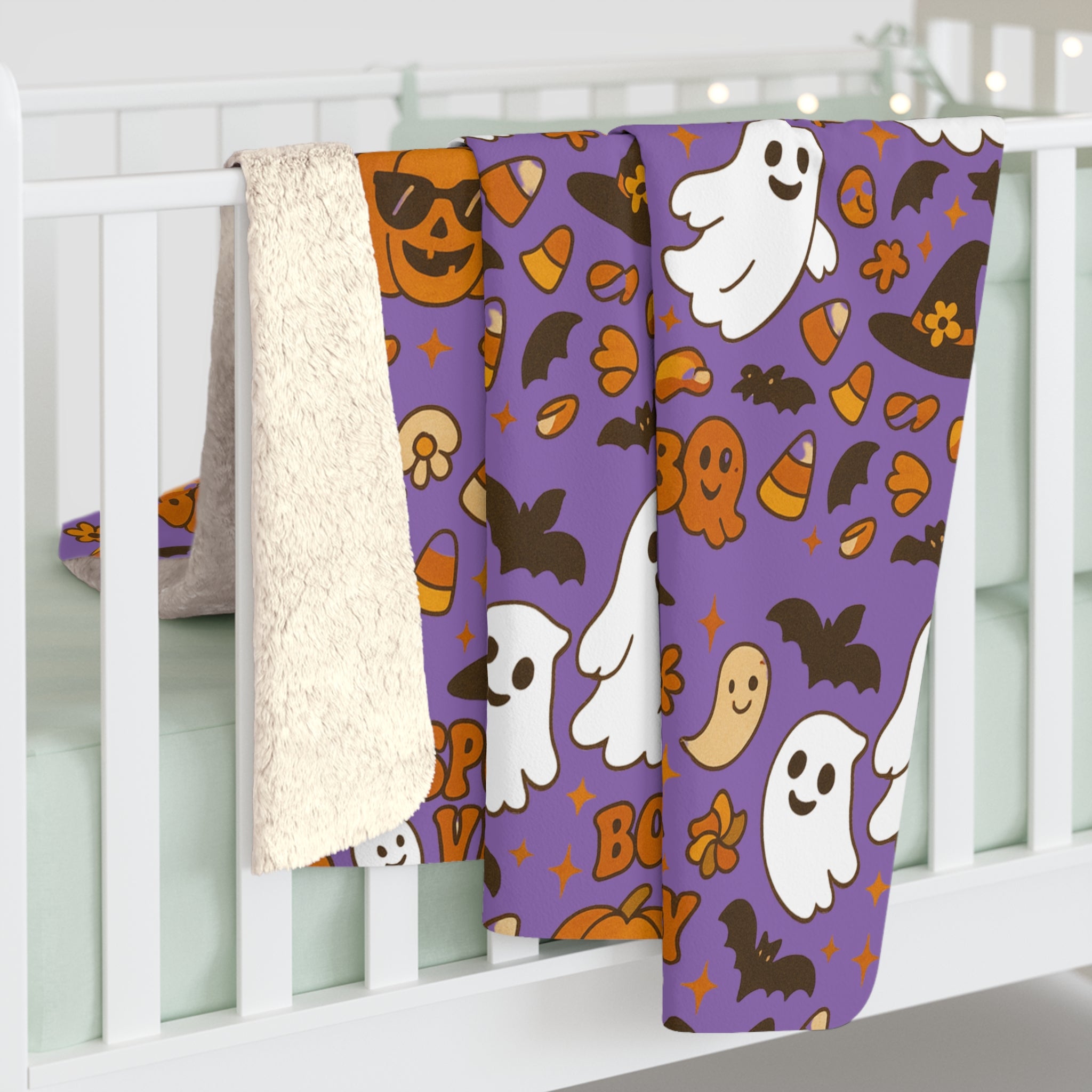 Spooky Vibes Sherpa Fleece Blanket - Cozy Halloween Decor, Soft Throw Blanket, Halloween Gift, Autumn Home Accents, Ghosts & Pumpkins Design - Irie Blues Boutique