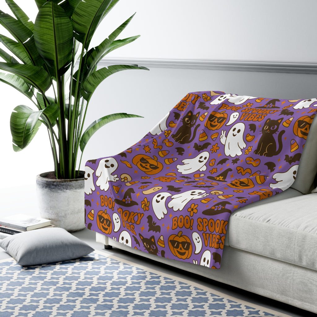 Spooky Vibes Sherpa Fleece Blanket - Cozy Halloween Decor, Soft Throw Blanket, Halloween Gift, Autumn Home Accents, Ghosts & Pumpkins Design - Irie Blues Boutique