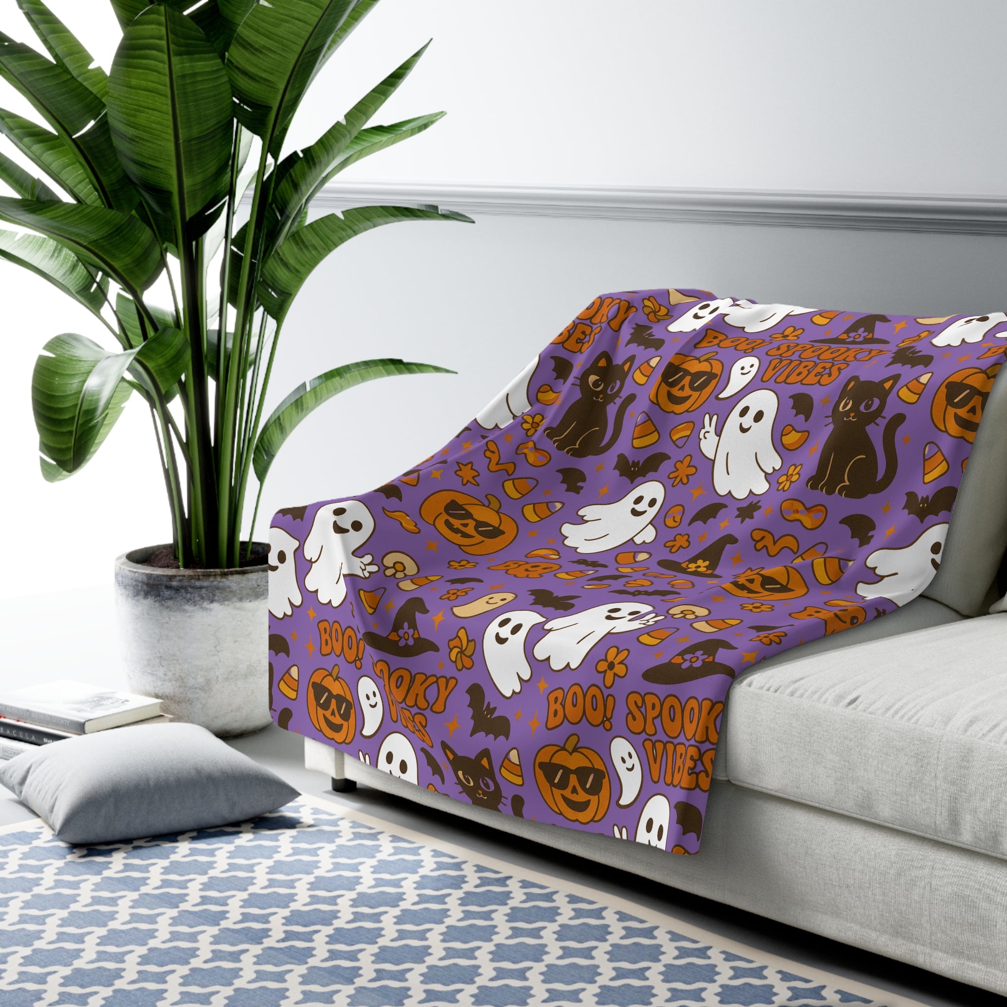 Spooky Vibes Sherpa Fleece Blanket - Cozy Halloween Decor, Soft Throw Blanket, Halloween Gift, Autumn Home Accents, Ghosts & Pumpkins Design - Irie Blues Boutique