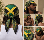 A multiview collage showing a man and a woman wearing a Jamaican flag-themed bandana headscarf. The left panel shows the back view of the headscarf tied under the head, displaying the green, yellow, and black colors with a paisley pattern.