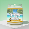 Candle in a jar with a label on a green and blue gradient background