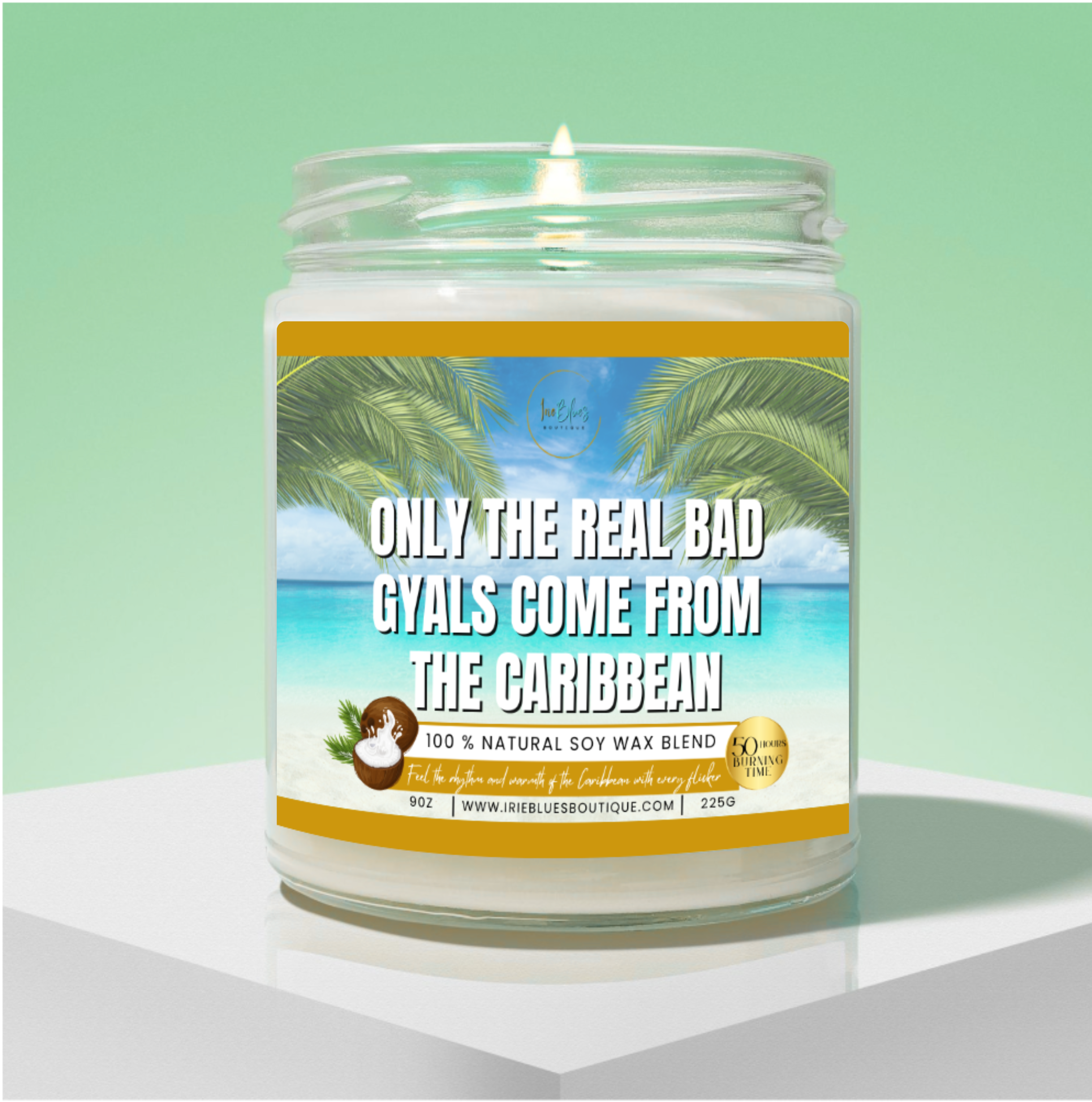 Candle in a jar with a label on a green and blue gradient background