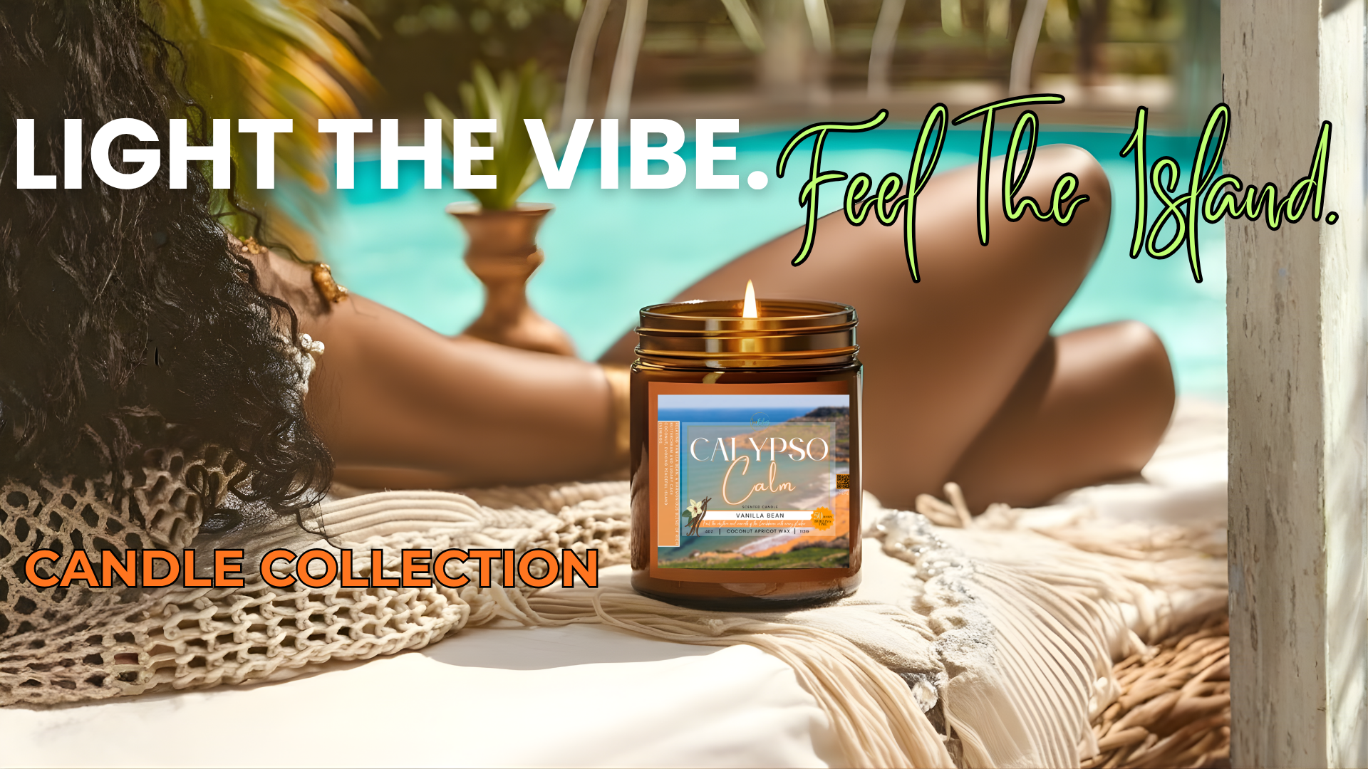 Candle with 'Campos' branding on a beach setting with text 'Light the Vibe. Feel the Island.'