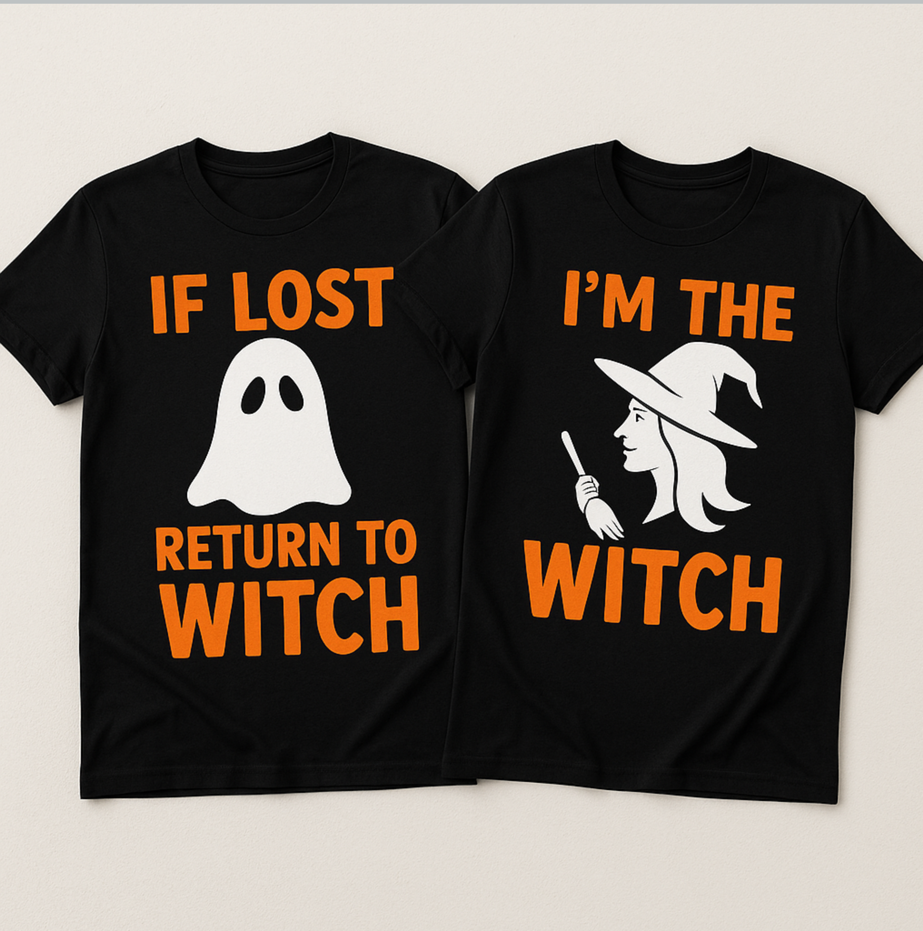 Two black t-shirts with Halloween-themed text and graphics on a white background