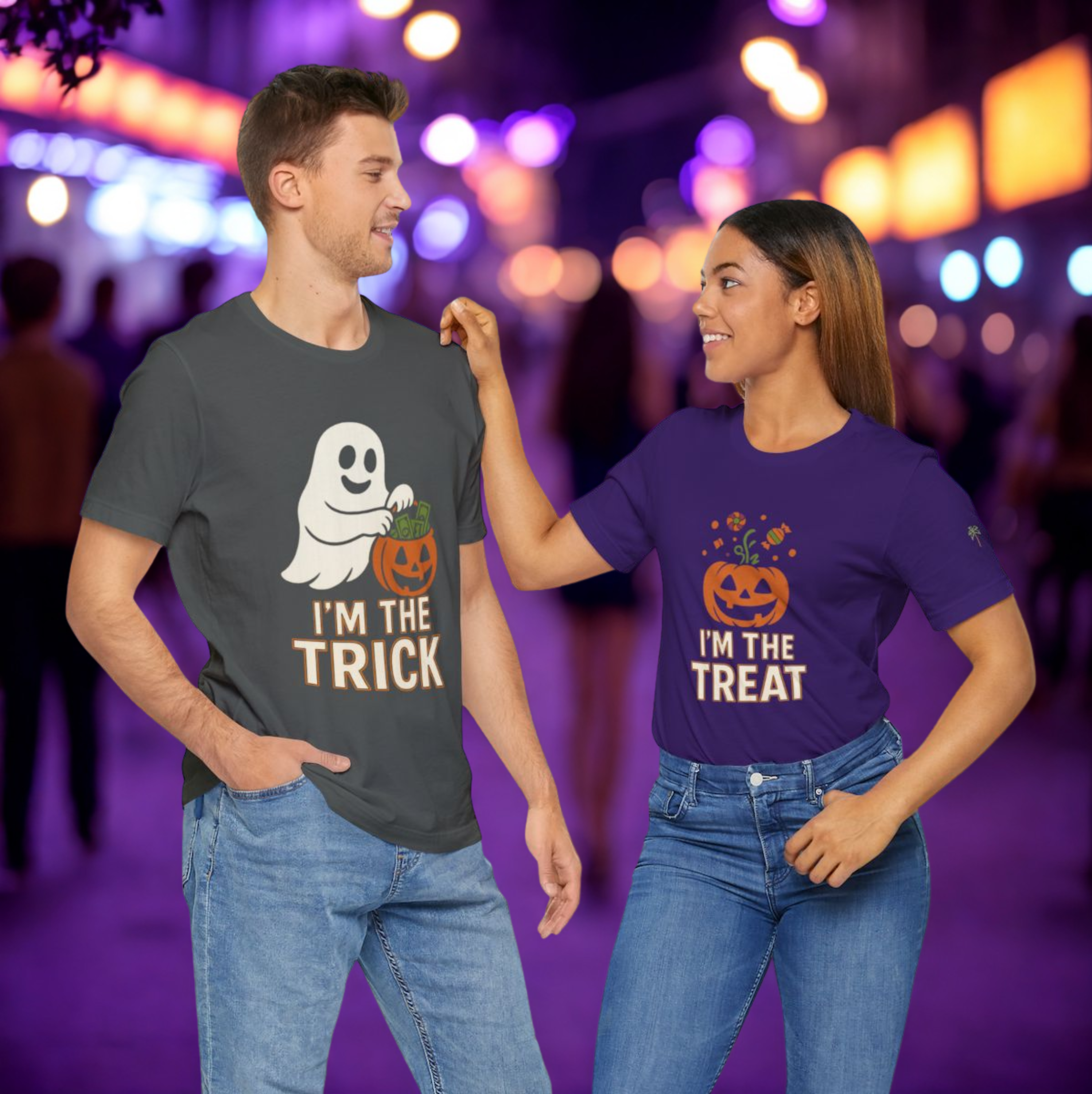 Two people wearing Halloween-themed t-shirts with ghost and pumpkin designs.