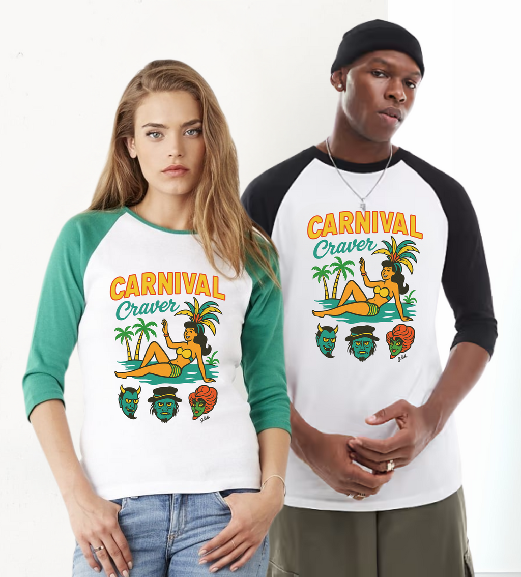 Two people wearing 'Carnival Craze' themed shirts on a white background