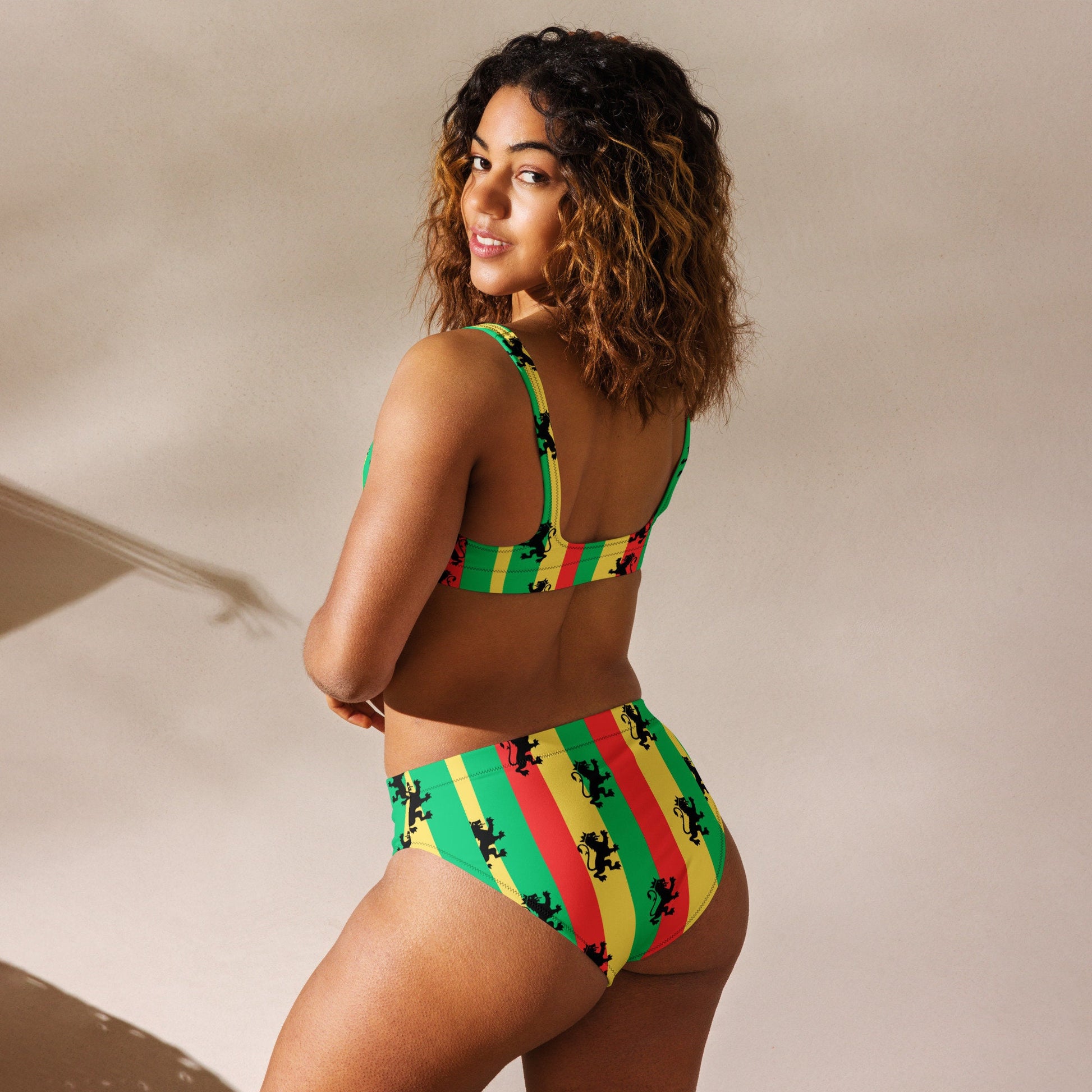 Rasta Reggae High Waisted Bikini, Plus Size Reggae Swimsuit, Lion of Judah, Rastafarian Swimwear, Caribbean Swimsuit