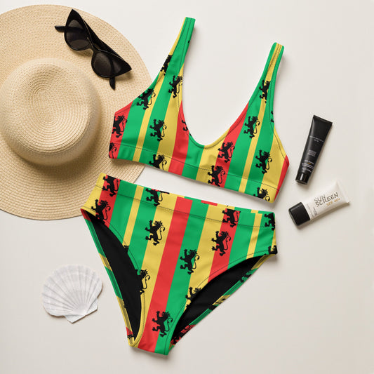 Rasta Reggae High Waisted Bikini, Plus Size Reggae Swimsuit, Lion of Judah, Rastafarian Swimwear, Caribbean Swimsuit