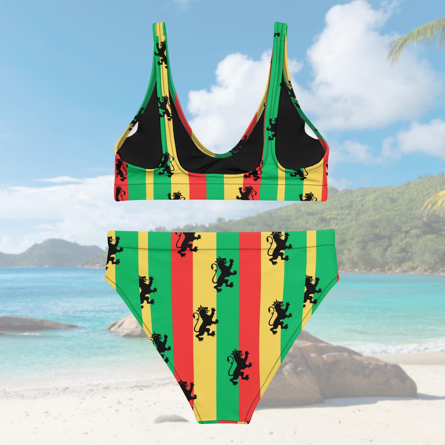 Rasta Reggae High Waisted Bikini, Plus Size Reggae Swimsuit, Lion of Judah, Rastafarian Swimwear, Caribbean Swimsuit