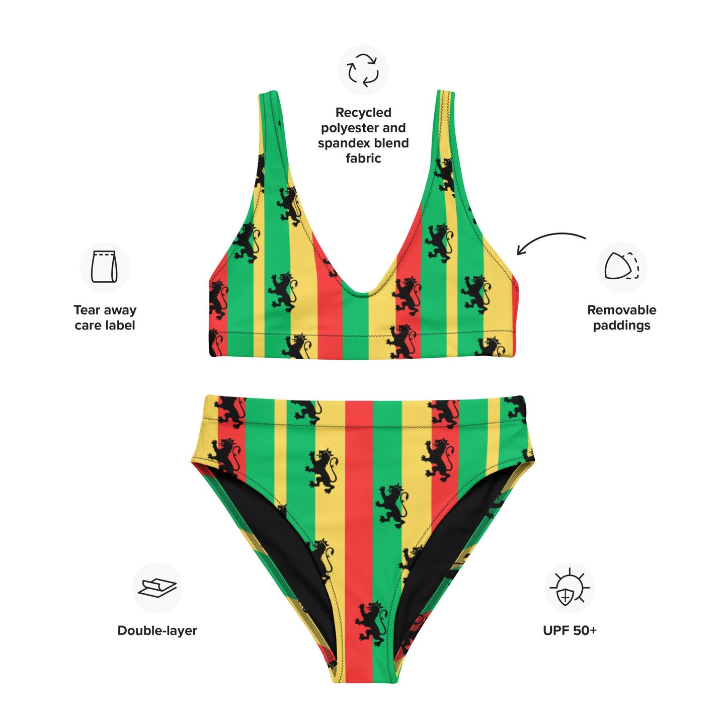 Rasta Reggae High Waisted Bikini, Plus Size Reggae Swimsuit, Lion of Judah, Rastafarian Swimwear, Caribbean Swimsuit