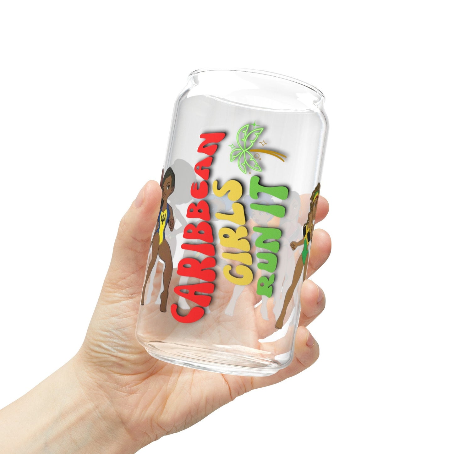 A Caribbean Island Girls Sipper Glass featuring cartoon illustrations of Caribbean island girls. This 16oz tropical drinkware is perfect for juices at Caribbean-themed parties. Designed with bold, playful details the phrase &quot;Caribbean Girls Run It.