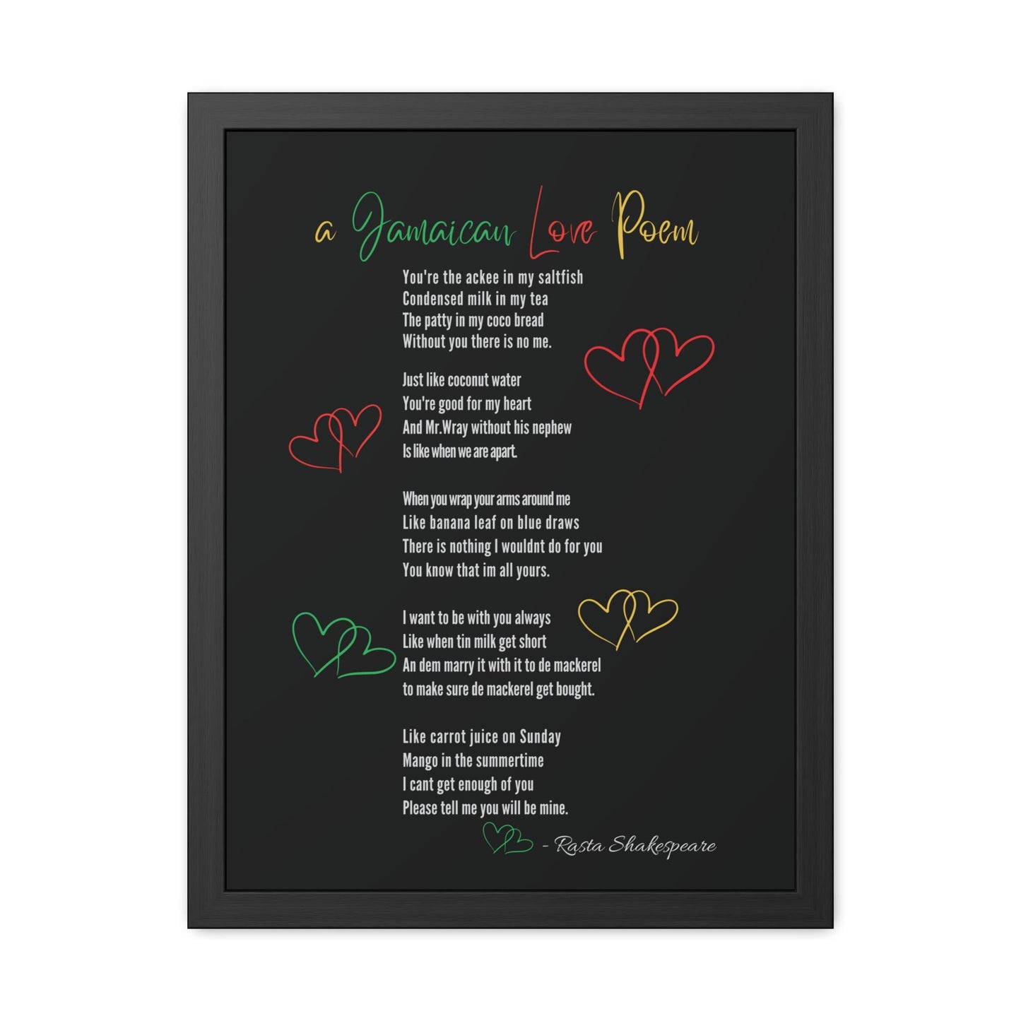 Jamaican Love Poem Framed Wall Art Poster featuring vibrant Rasta colors and a personalized name option. This unique Caribbean-inspired home decor piece is perfect for adding a touch of Jamaican culture to any space.