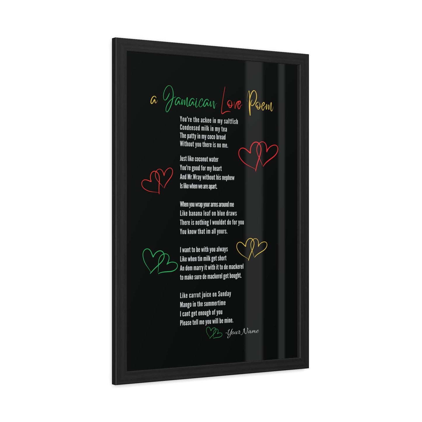 Jamaican Love Poem Framed Wall Art Poster featuring vibrant Rasta colors and a personalized name option. This unique Caribbean-inspired home decor piece is perfect for adding a touch of Jamaican culture to any space.