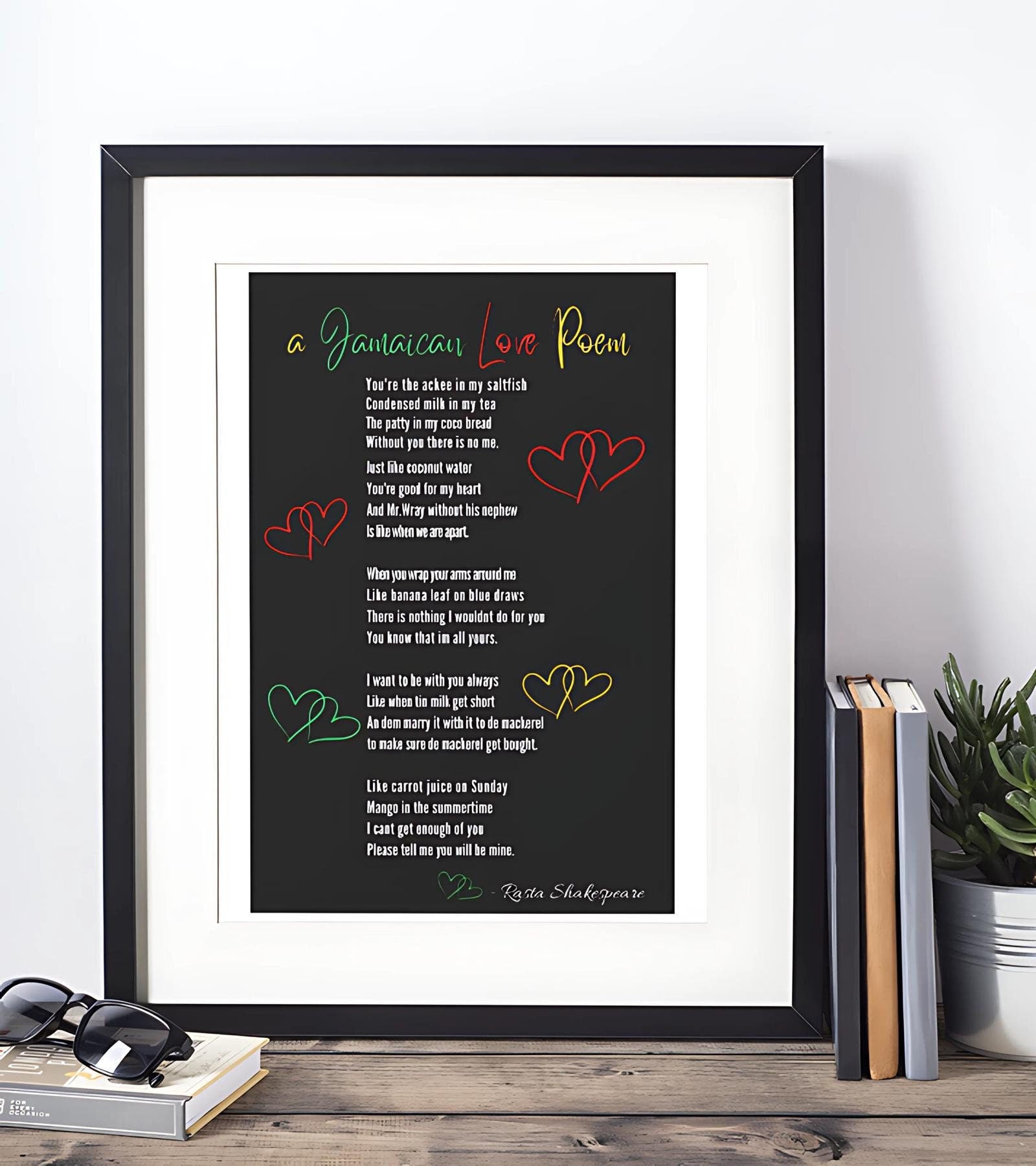 Jamaican Love Poem Framed Wall Art Poster featuring vibrant Rasta colors and a personalized name option. This unique Caribbean-inspired home decor piece is perfect for adding a touch of Jamaican culture to any space.