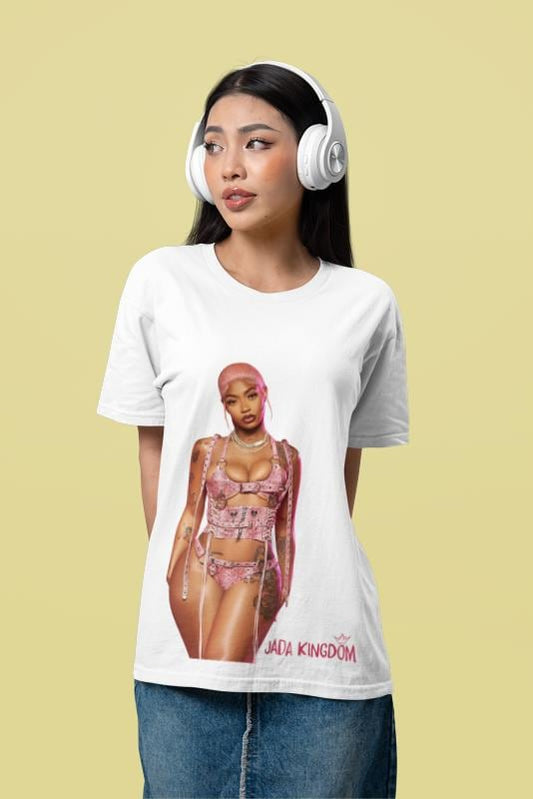 Jada Kingdom Unisex Tee featuring a bold graphic print of the reggae dancehall artist. Perfect for music fans and Jamaican culture lovers, this stylish shirt is a great gift for supporters of Jada Kingdom.