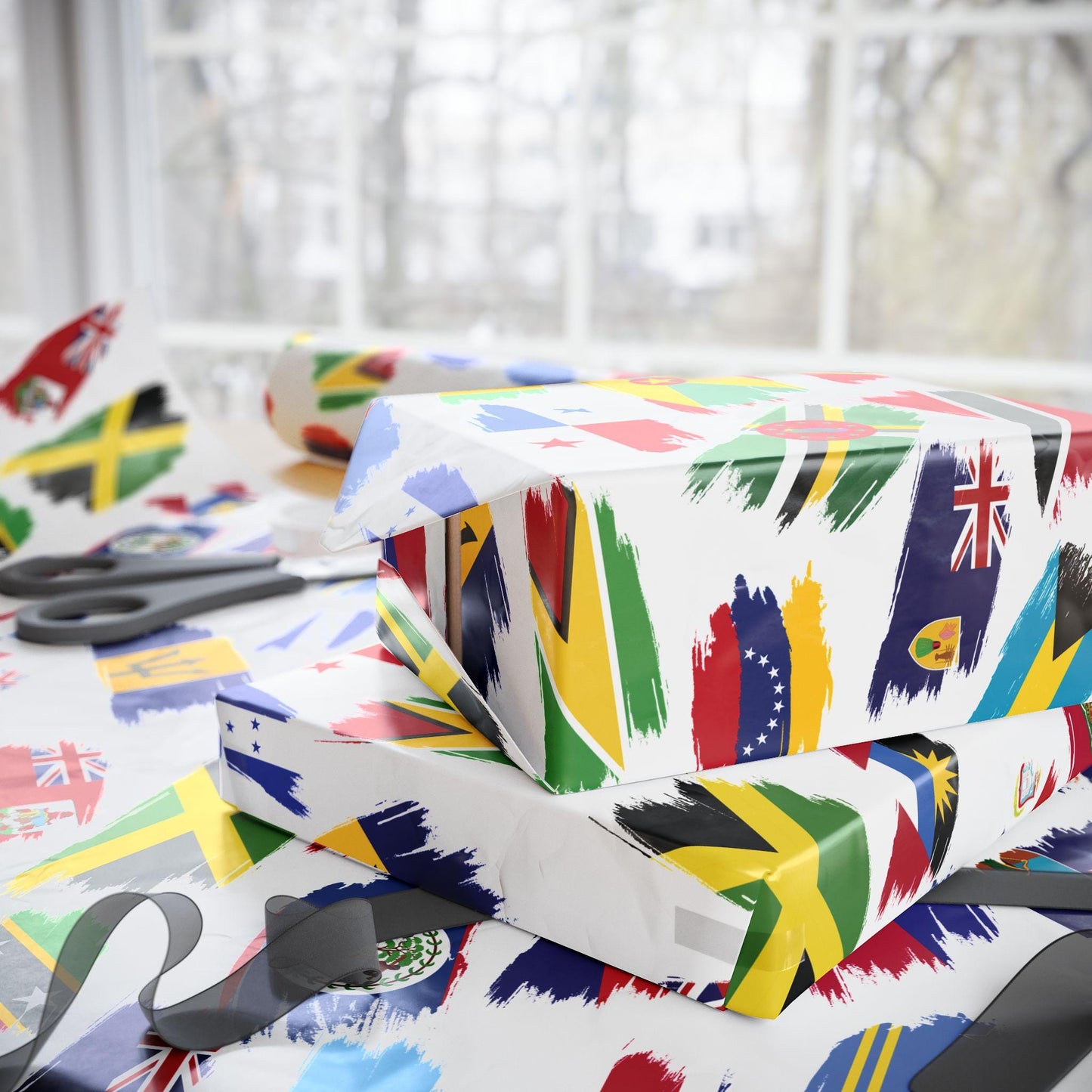 Caribbean Islands Flags Wrapping Paper with flags from various Caribbean nations. Perfect for island-themed parties, celebrations, and gifts. Tropical wrapping paper adds a fun cultural touch to any present, ideal for Caribbean festive occasions.