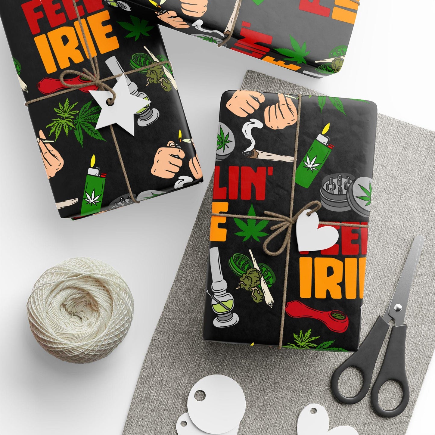 Weed Theme Marijuana 420 Feelin Irie Wrapping Papers, featuring  cannabis leaf designs  perfect for stoner gift wrap and 420 party decorations. This gift wrap adds a fun and festive touch to birthdays, cannabis-themed events, and 420 celebrations.