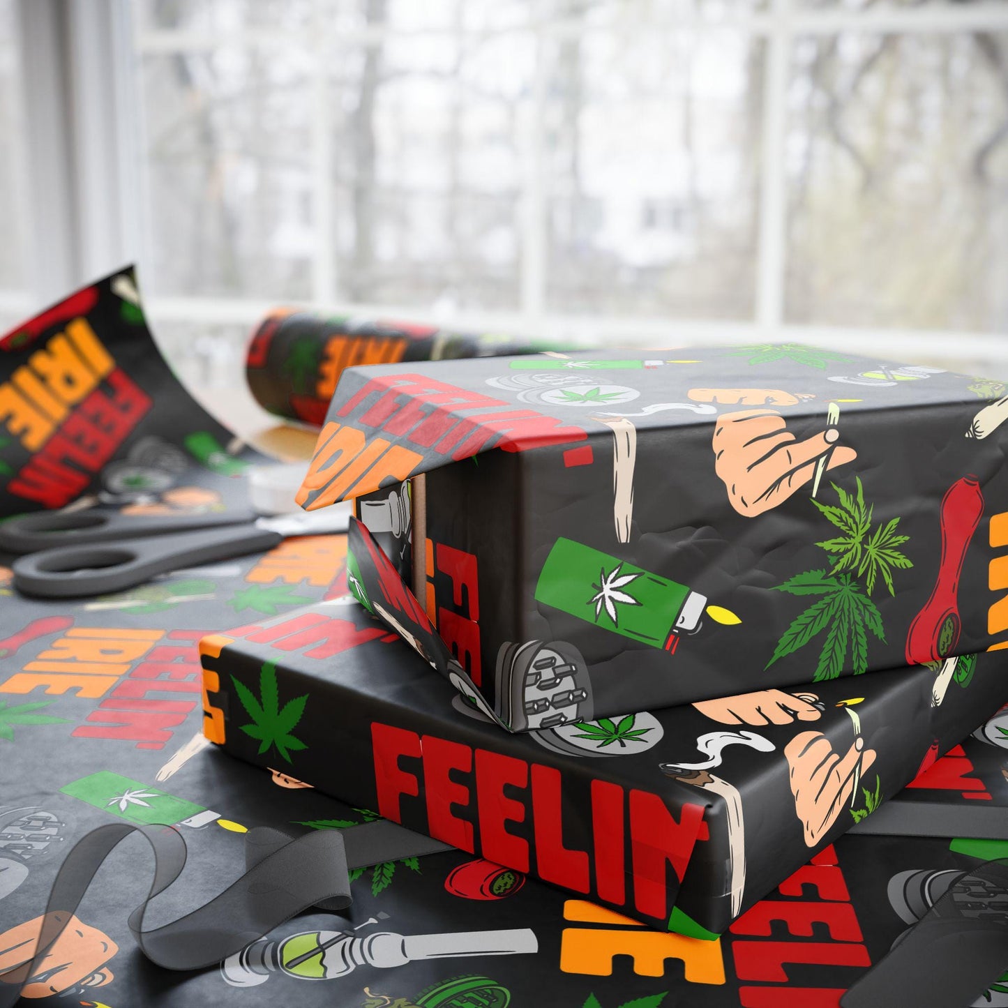 Weed Theme Marijuana 420 Feelin Irie Wrapping Papers, featuring  cannabis leaf designs  perfect for stoner gift wrap and 420 party decorations. This gift wrap adds a fun and festive touch to birthdays, cannabis-themed events, and 420 celebrations.