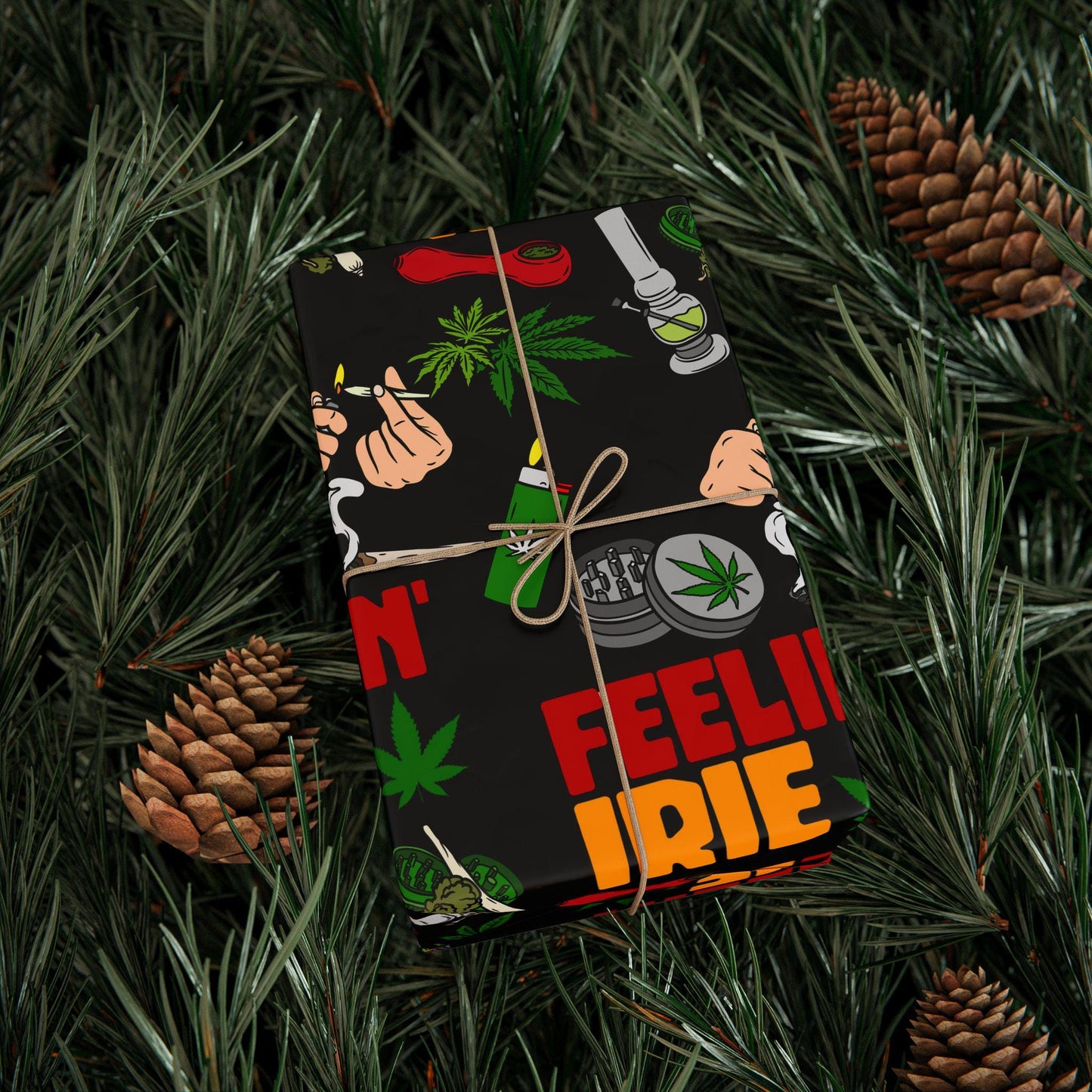 Weed Theme Marijuana 420 Feelin Irie Wrapping Papers, featuring  cannabis leaf designs  perfect for stoner gift wrap and 420 party decorations. This gift wrap adds a fun and festive touch to birthdays, cannabis-themed events, and 420 celebrations.