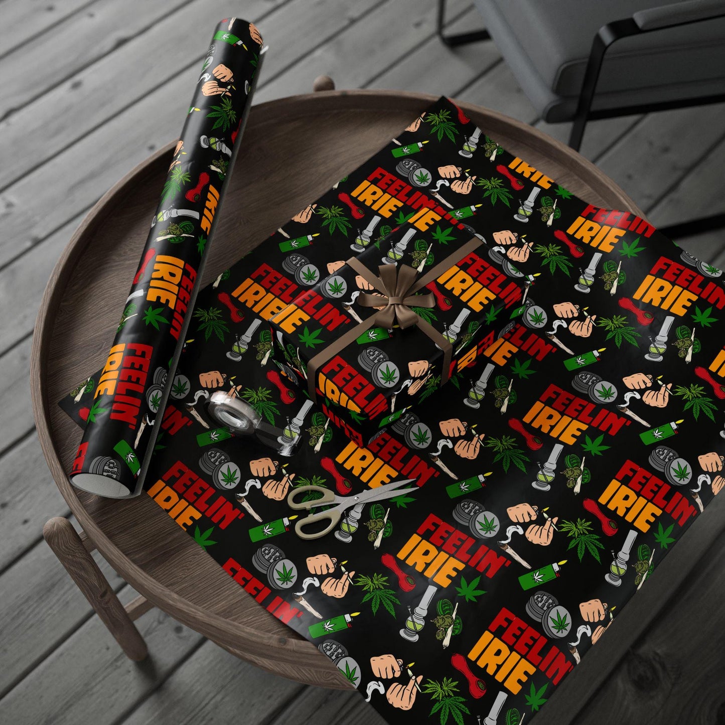 Weed Theme Marijuana 420 Feelin Irie Wrapping Papers, featuring  cannabis leaf designs  perfect for stoner gift wrap and 420 party decorations. This gift wrap adds a fun and festive touch to birthdays, cannabis-themed events, and 420 celebrations.