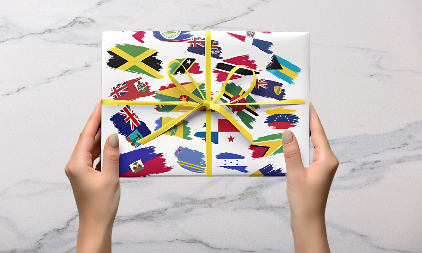 Caribbean Islands Flags Wrapping Paper with flags from various Caribbean nations. Perfect for island-themed parties, celebrations, and gifts. Tropical wrapping paper adds a fun cultural touch to any present, ideal for Caribbean festive occasions.