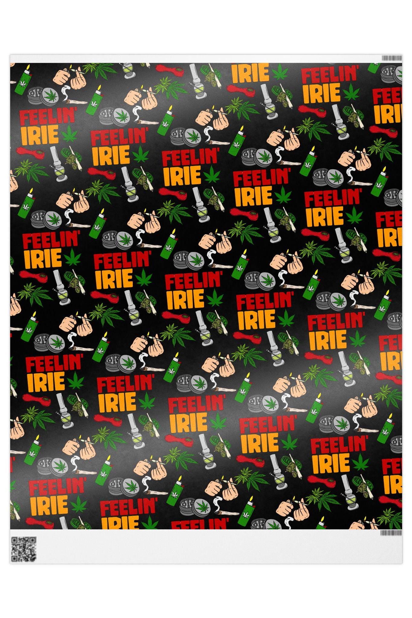 Weed Theme Marijuana 420 Feelin Irie Wrapping Papers, featuring  cannabis leaf designs  perfect for stoner gift wrap and 420 party decorations. This gift wrap adds a fun and festive touch to birthdays, cannabis-themed events, and 420 celebrations.