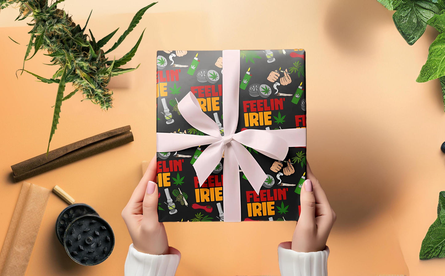 Weed Theme Marijuana 420 Feelin Irie Wrapping Papers, featuring  cannabis leaf designs  perfect for stoner gift wrap and 420 party decorations. This gift wrap adds a fun and festive touch to birthdays, cannabis-themed events, and 420 celebrations.