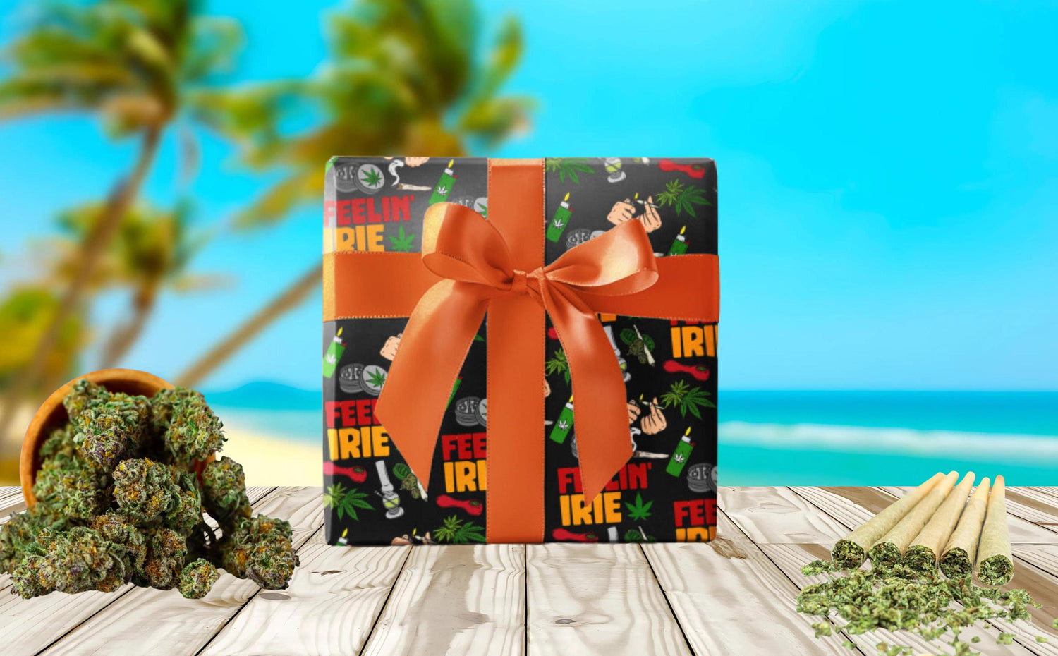 Weed Theme Marijuana 420 Feelin Irie Wrapping Papers, featuring  cannabis leaf designs  perfect for stoner gift wrap and 420 party decorations. This gift wrap adds a fun and festive touch to birthdays, cannabis-themed events, and 420 celebrations.