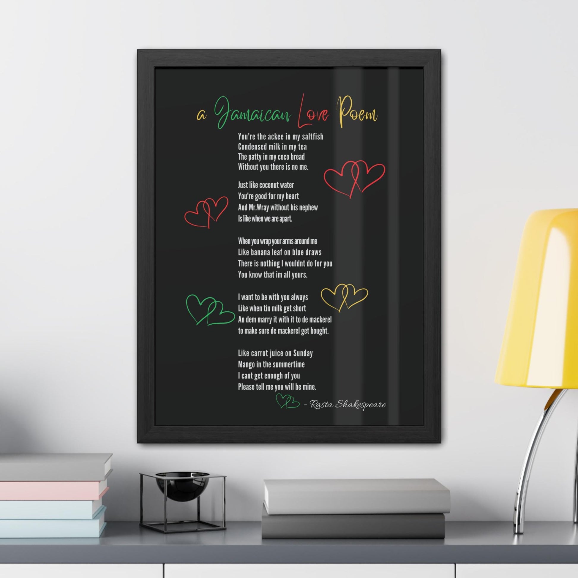 Jamaican Love Poem Framed Wall Art Poster featuring vibrant Rasta colors and a personalized name option. This unique Caribbean-inspired home decor piece is perfect for adding a touch of Jamaican culture to any space.