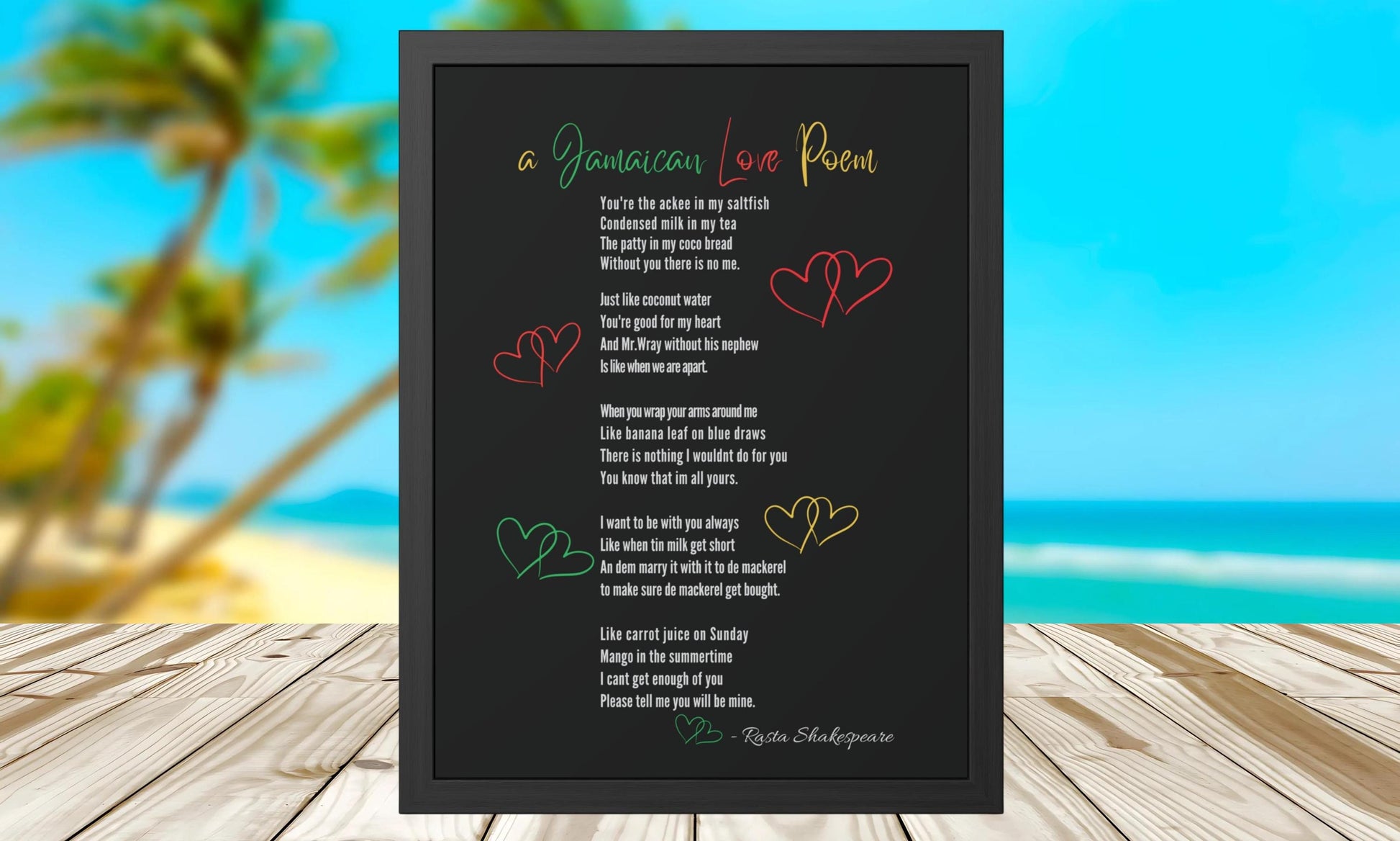 Jamaican Love Poem Framed Wall Art Poster featuring vibrant Rasta colors and a personalized name option. This unique Caribbean-inspired home decor piece is perfect for adding a touch of Jamaican culture to any space.