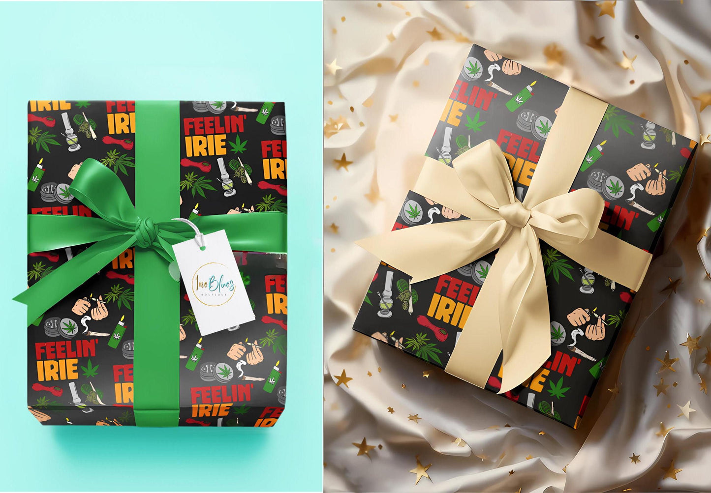 Weed Theme Marijuana 420 Feelin Irie Wrapping Papers, featuring  cannabis leaf designs  perfect for stoner gift wrap and 420 party decorations. This gift wrap adds a fun and festive touch to birthdays, cannabis-themed events, and 420 celebrations.