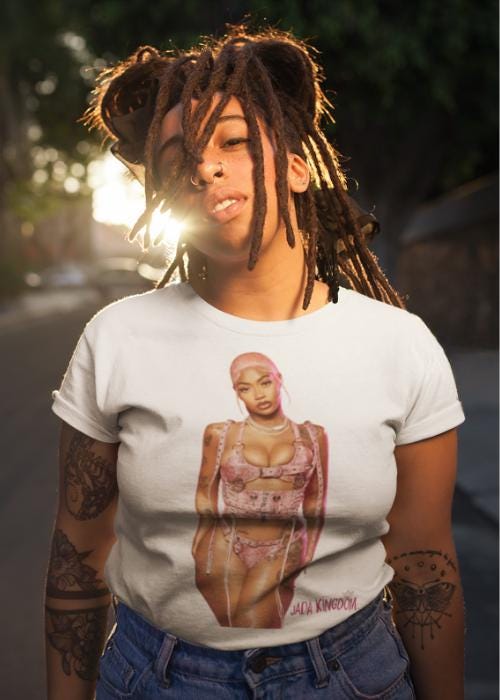 Jada Kingdom Unisex Tee featuring a bold graphic print of the reggae dancehall artist. Perfect for music fans and Jamaican culture lovers, this stylish shirt is a great gift for supporters of Jada Kingdom.