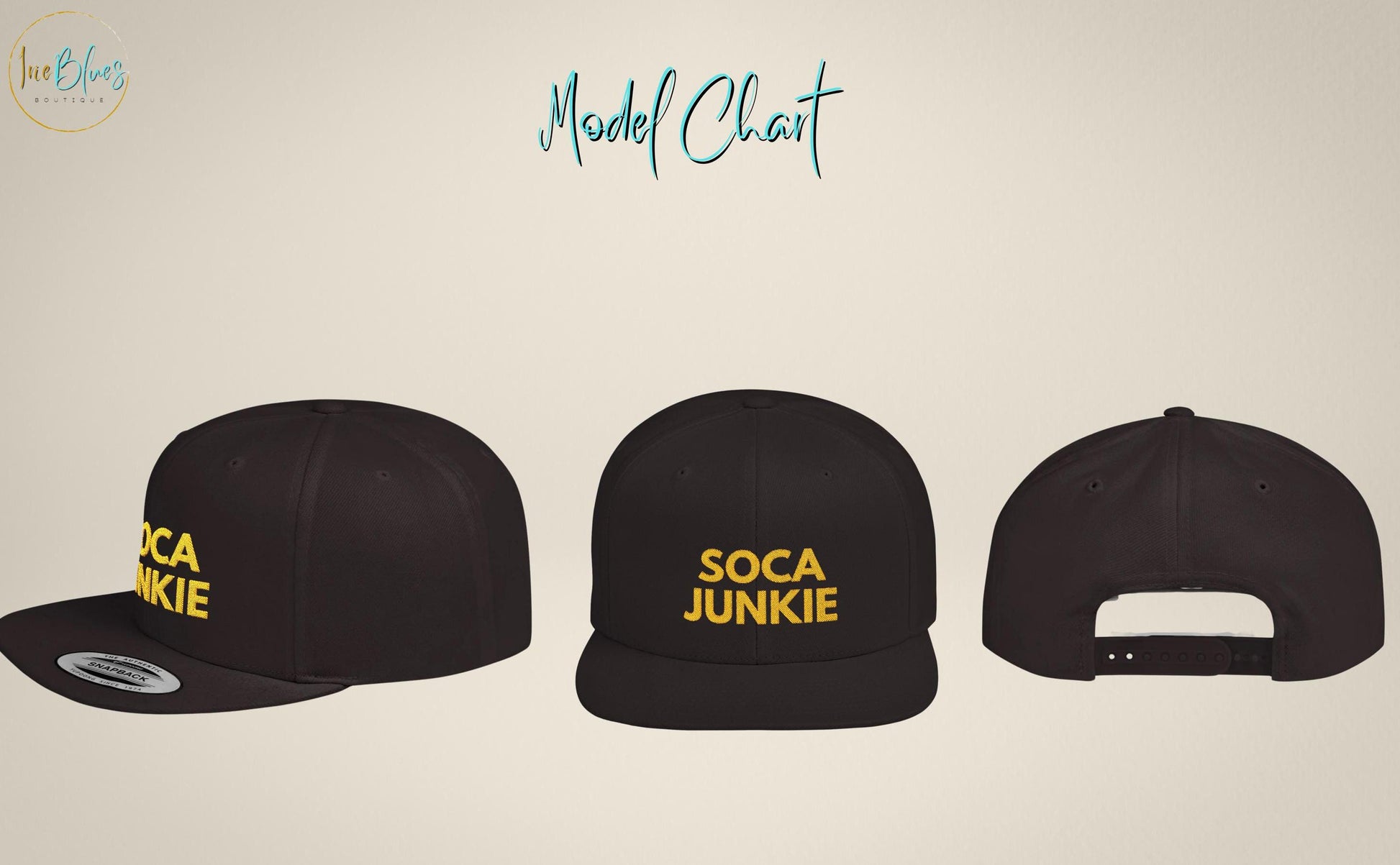 A sleek black snapback hat with &quot;Soca Junkie&quot; embroidered in bold, vibrant lettering on the front. This stylish cap is perfect for carnival fetes, music festivals, or everyday wear, celebrating Caribbean culture and Trinidad & Tobago vibes.