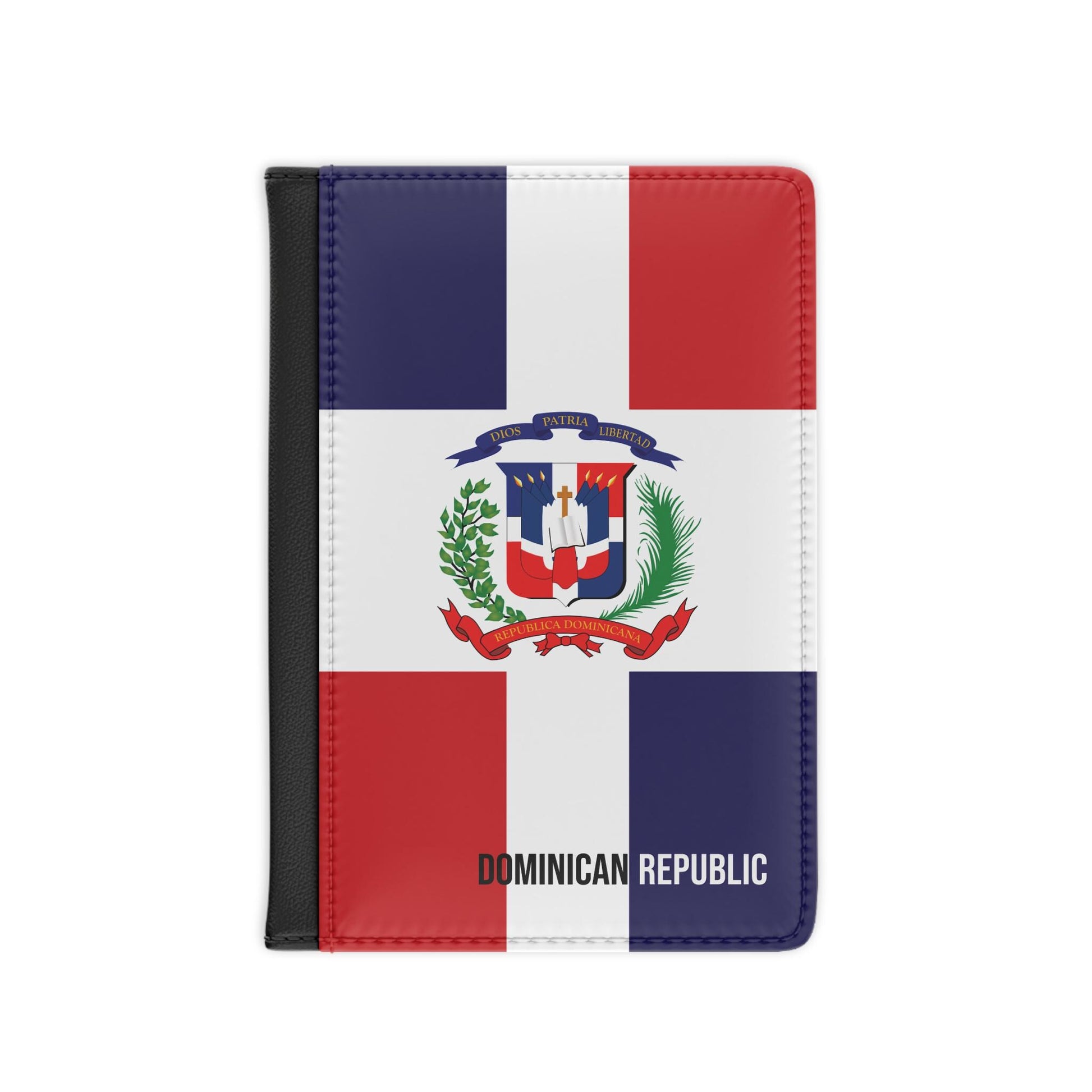 A sleek faux leather passport cover featuring the vibrant flag Dominican Republic, with the country&#39;s name displayed in a stylish font. This travel accessory offers RFID-blocking protection and compartments for cards and boarding passes.