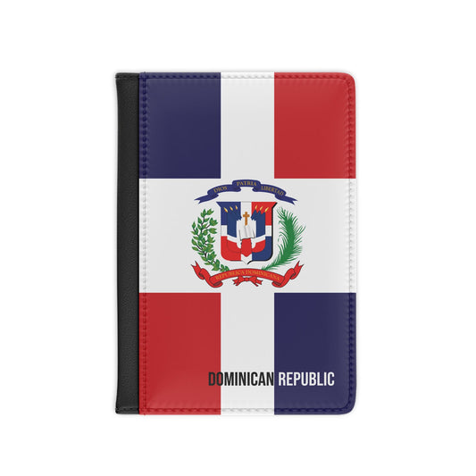 A sleek faux leather passport cover featuring the vibrant flag Dominican Republic, with the country&#39;s name displayed in a stylish font. This travel accessory offers RFID-blocking protection and compartments for cards and boarding passes.