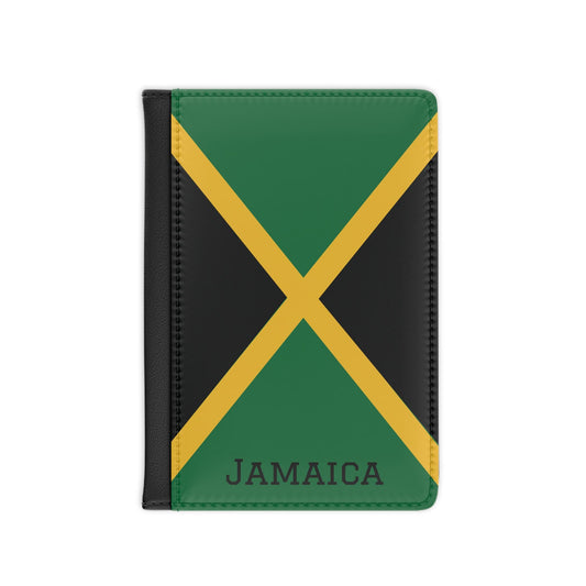 A sleek faux leather passport cover featuring the vibrant flag Jamaica, with the country&#39;s name displayed in a stylish font. This travel accessory offers RFID-blocking protection and compartments for cards and boarding passes.