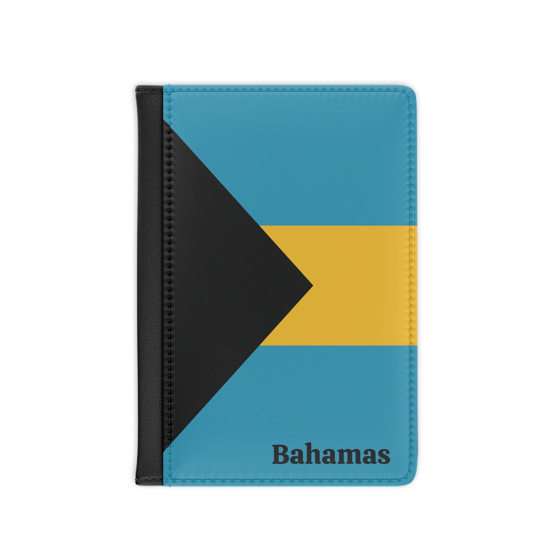 A sleek faux leather passport cover featuring the vibrant flag Bahamas, with the country&#39;s name displayed in a stylish font. This travel accessory offers RFID-blocking protection and compartments for cards and boarding passes.