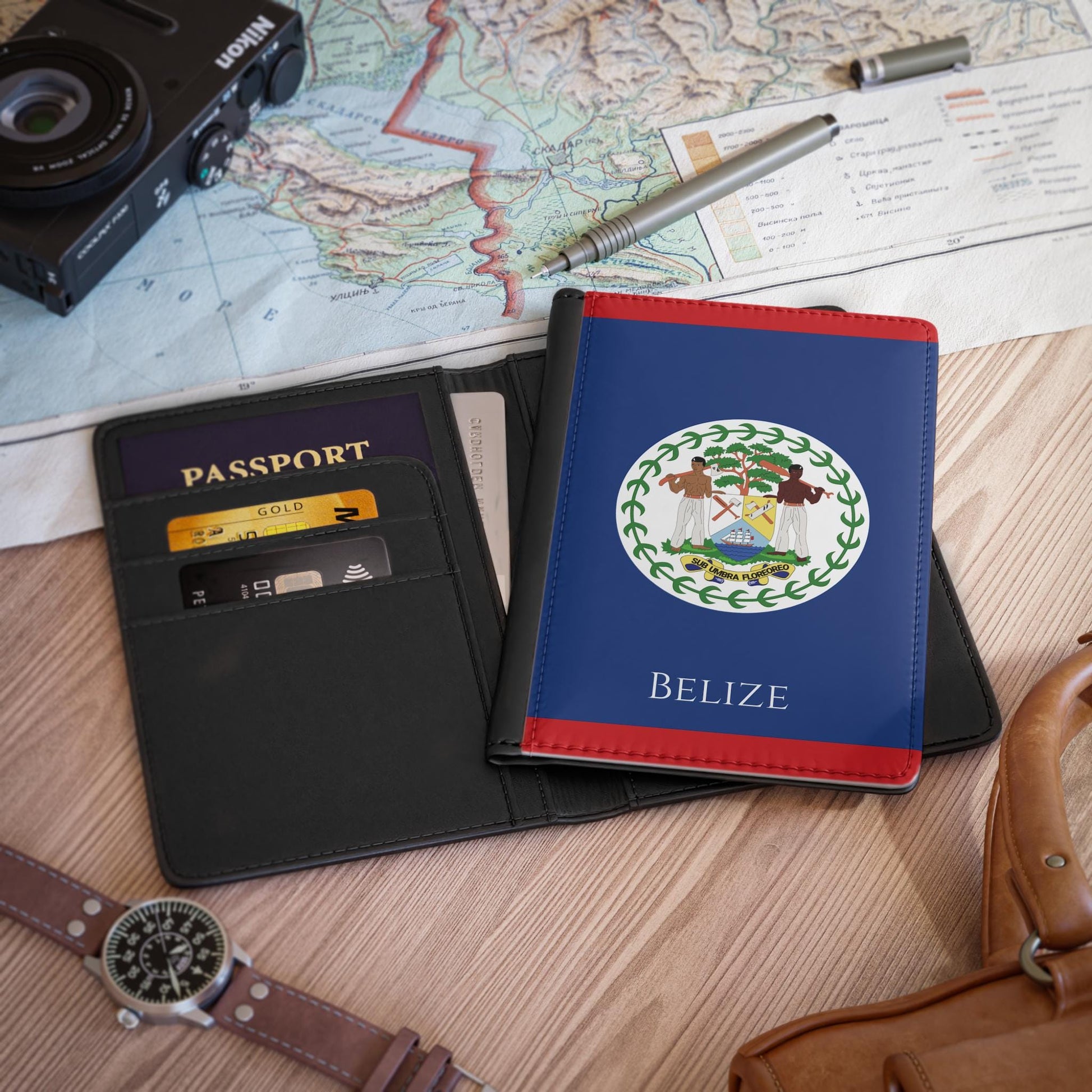 A sleek faux leather passport cover featuring the vibrant flag Belize, with the country&#39;s name displayed in a stylish font. This travel accessory offers RFID-blocking protection and compartments for cards and boarding passes.