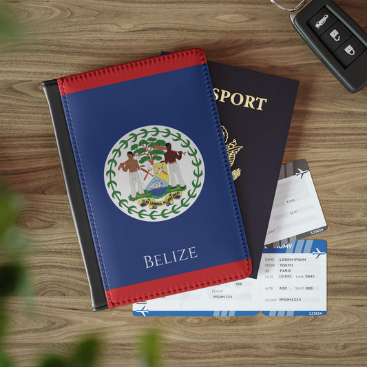 A sleek faux leather passport cover featuring the vibrant flag Belize, with the country&#39;s name displayed in a stylish font. This travel accessory offers RFID-blocking protection and compartments for cards and boarding passes.