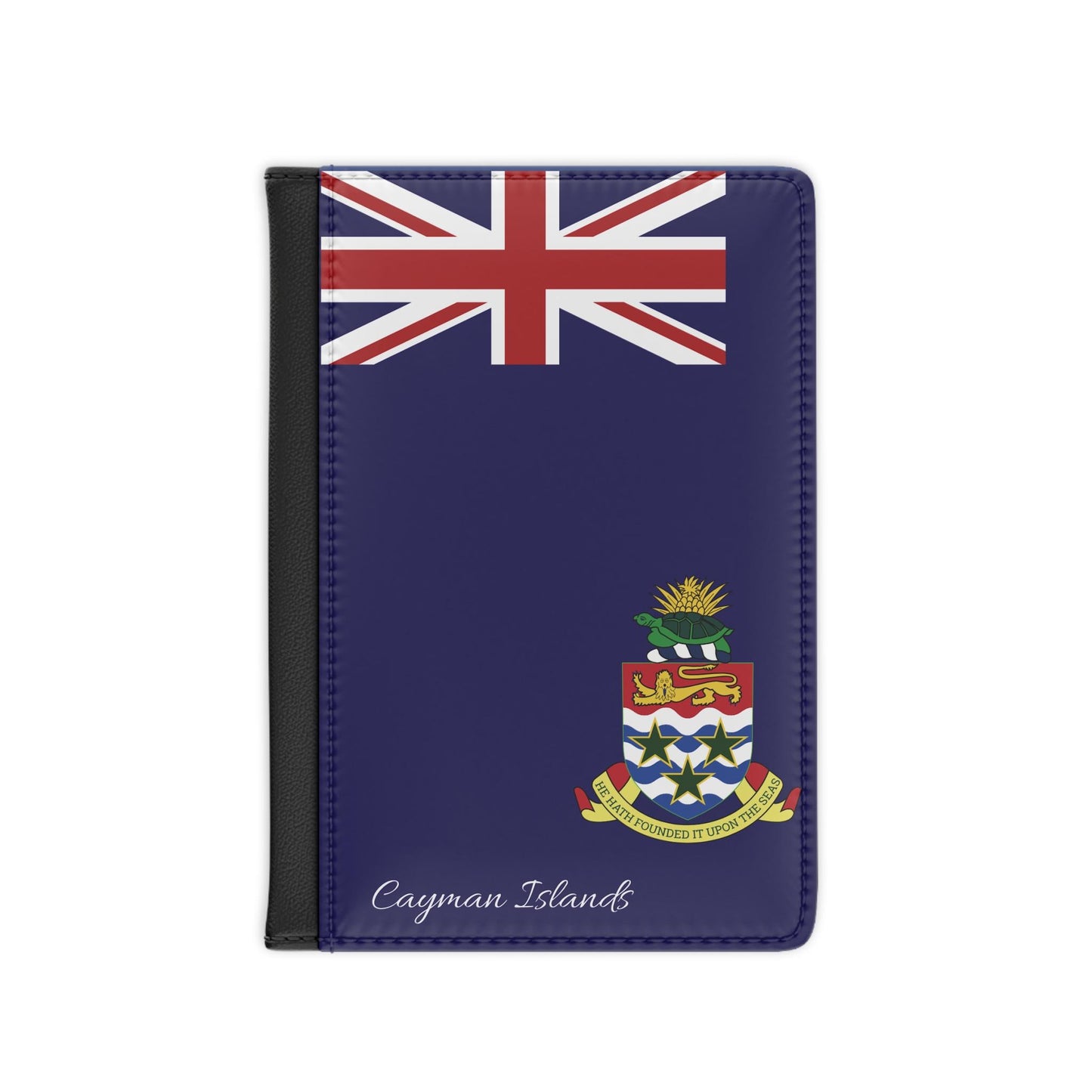 A sleek faux leather passport cover featuring the vibrant flag of the Cayman Islands, with the country&#39;s name displayed in a stylish font. This travel accessory offers RFID-blocking protection and compartments for cards and boarding passes.