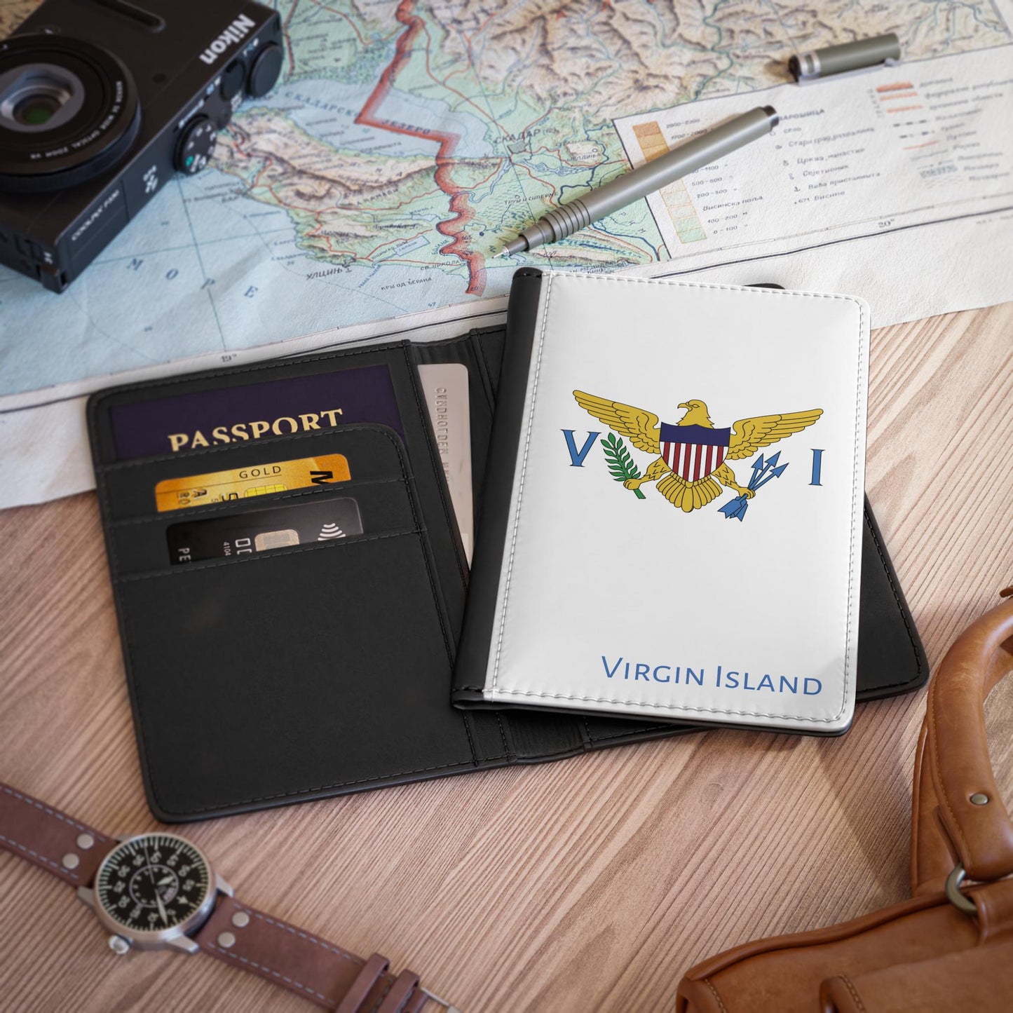 A sleek faux leather passport cover featuring the vibrant flag US Virgin Islands, with the country&#39;s name displayed in a stylish font. This travel accessory offers RFID-blocking protection and compartments for cards and boarding passes.