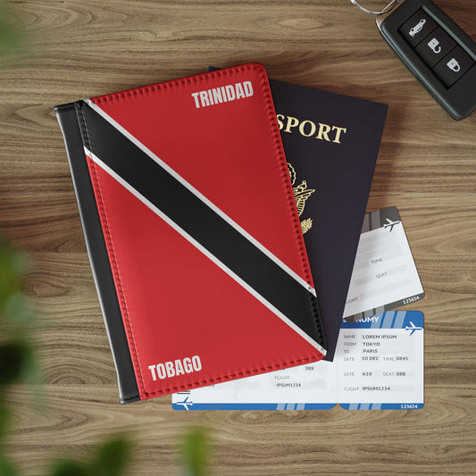 A sleek faux leather passport cover featuring the vibrant flag Trinidad & Tobago, with the country&#39;s name displayed in a stylish font. This travel accessory offers RFID-blocking protection and compartments for cards and boarding passes.