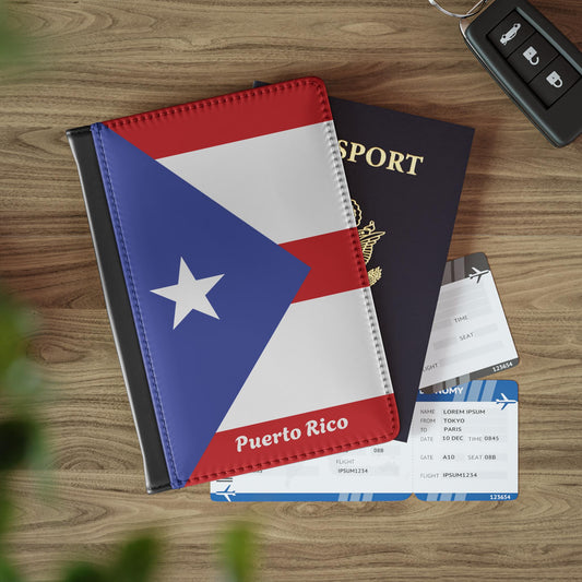 A sleek faux leather passport cover featuring the vibrant flag of Puerto Rico, with the country&#39;s name displayed in a stylish font. This travel accessory offers RFID-blocking protection and compartments for cards and boarding passes.